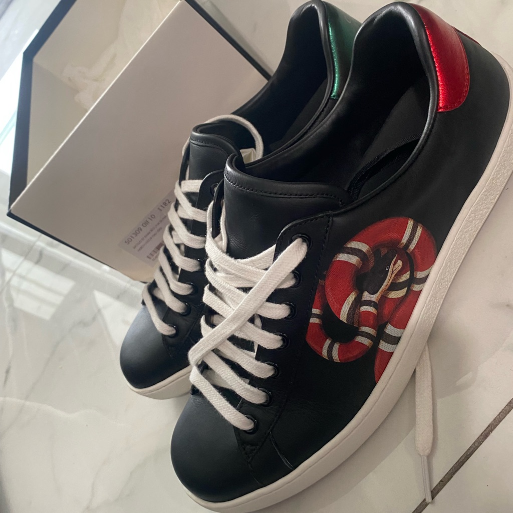 Gucci Calfskin Kingsnake Mens Ace Sneakers Black Multicolor